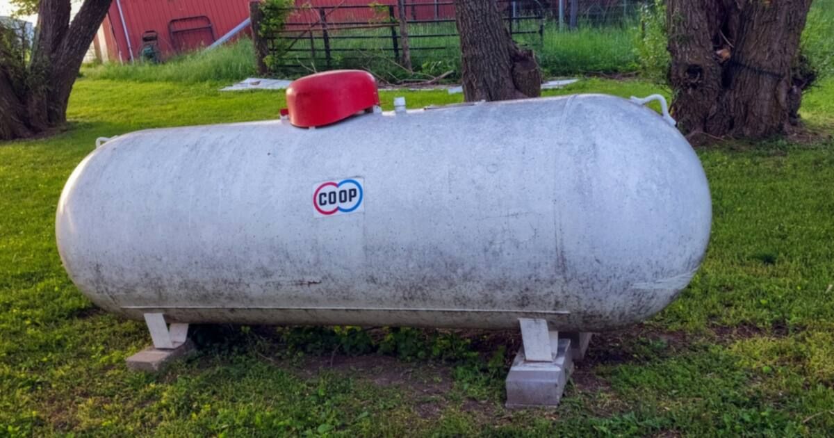 A white above-ground residential propane tank on concrete blocks in a grassy yard.