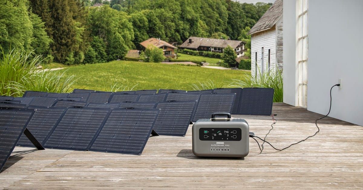 A portable solar generator sitting on a wooden deck.
