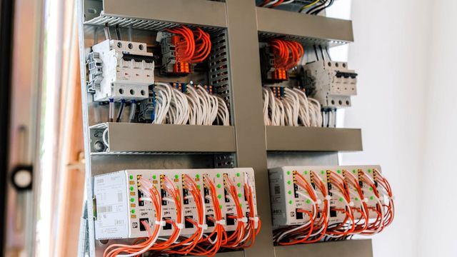 An open electrical control panel with wiring and components inside.