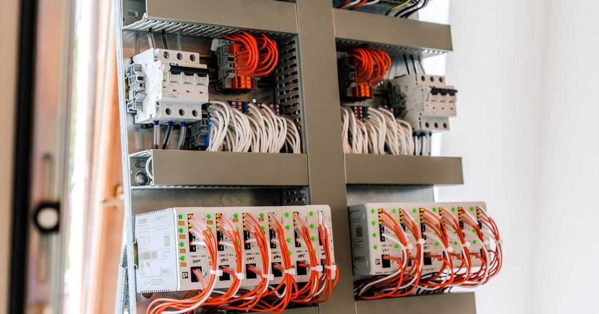 An open electrical control panel with wiring and components inside.